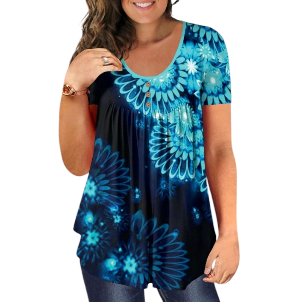 🆕 Women's PLUS SIZE Black With Bright Blue Floral Print Short Sleeve Blouse